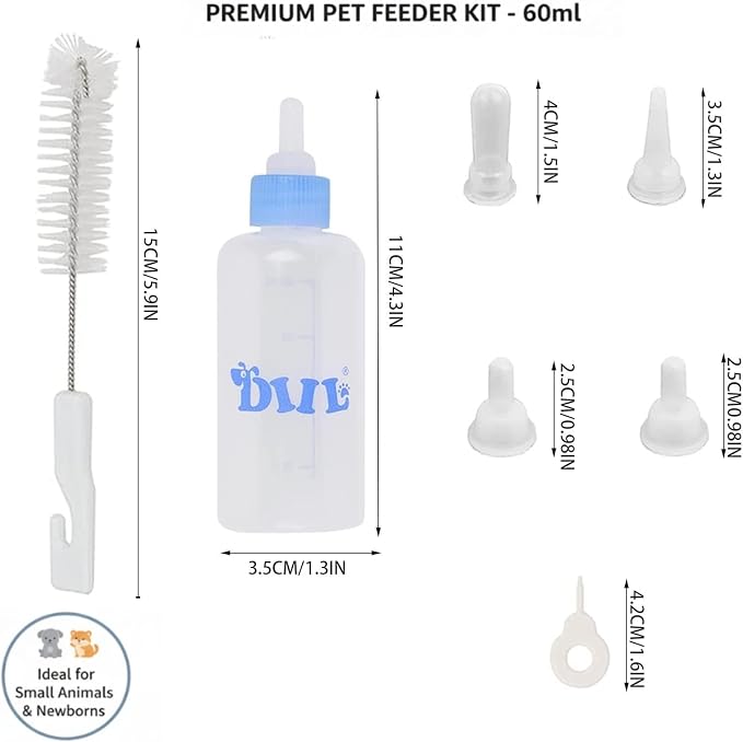 1pcs 60ml Pet Bottle with 4pcs Replacement Nipples and 1pcs Nipple Brush Can Be Used for Water Feeding Pet Feeding Tools.