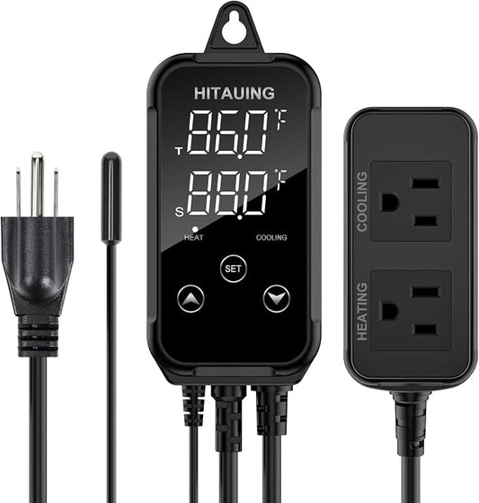 HiTauing Digital Temperature Controller, Aquarium Heater Reptile Thermostat Heating and Cooling Dual Outlet with Seawater-Resistant Probe for Fish Tanks, Reptile Tanks, Greenhouse & Seedling Mat