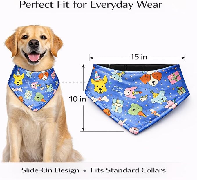 Luxury Satin Dog Bandana – Slip-On Collar Style, Premium Pet Scarf for Medium, Large & XL Dogs – Special Occasion Accessory (Collar Not Included) (Medium - Extra Large, Bday (Blue))