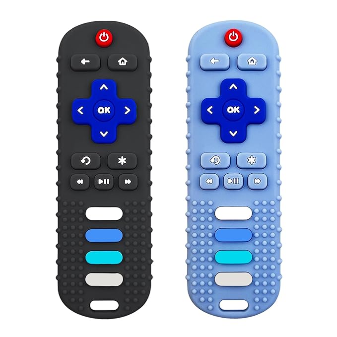 ROBBEAR Baby Teething Toys, Food Grade Silicone Teether for Babies 3 6 12 18 Months, TV Remote Shape Toddlers Chew Toys, Freezer BPA Free (Black+Blue)