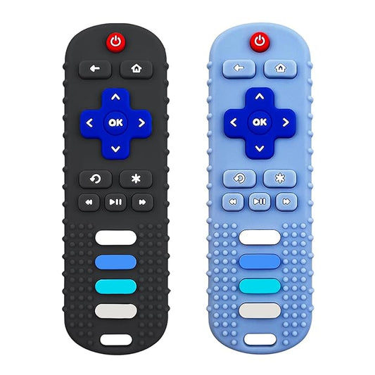 ROBBEAR Baby Teething Toys, Food Grade Silicone Teether for Babies 3 6 12 18 Months, TV Remote Shape Toddlers Chew Toys, Freezer BPA Free (Black+Blue)