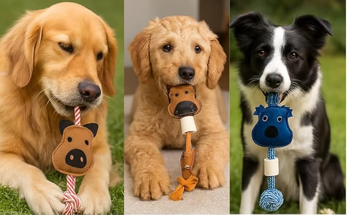 Natural Suede Leather & Rope Dog Chew Toy with Knotted Rope Bone Design Interactive Tug Toy for Medium and Large Dogs Daily Play Use Indoor Chew Toy (Pig Shape)