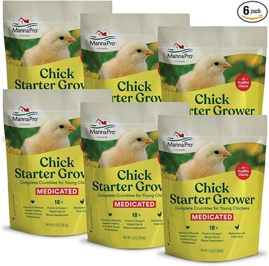 Manna Pro Medicated Chick Starter Grower, Crumbled Chick Feed with Amprolium, Complete Nutrition for Young Chickens, Supports Healthy Growth and Coccidiosis Prevention, 6-Pack of 5 lb Bags