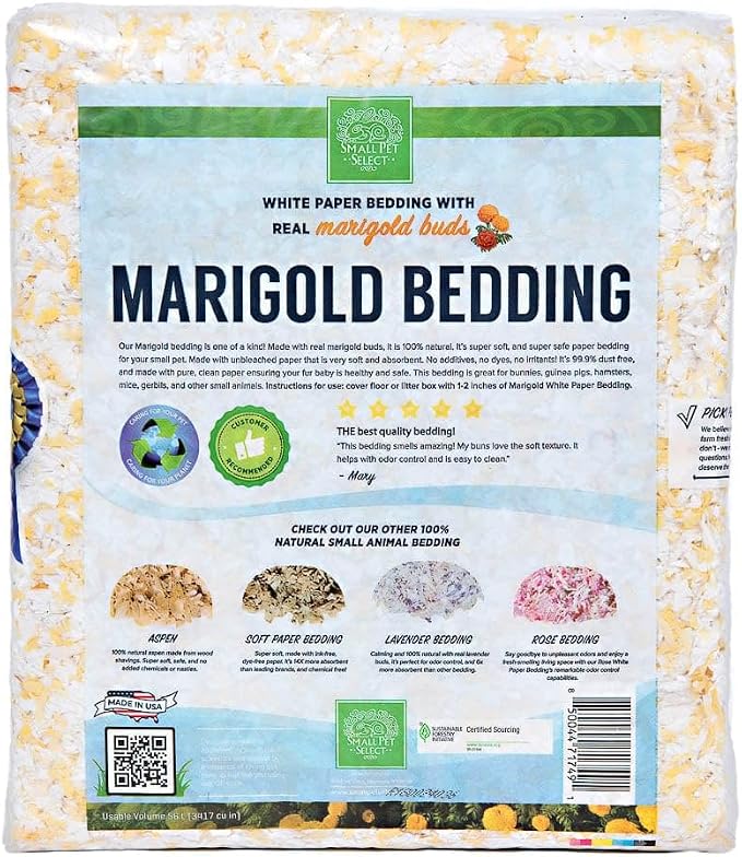 Small Pet Select Marigold Bedding, Paper Bedding with Real Marigold, Soft Animal Bedding with Odor Control for Guinea Pig, Rabbit, Hamster, or Bunny, Cage Accessories, Made in USA, 56L