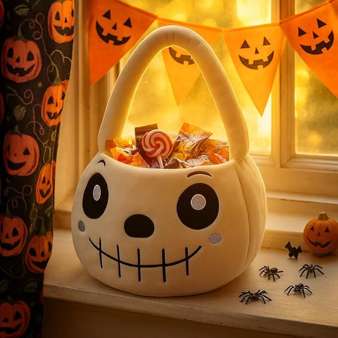 Halloween Plush Treat Basket, Halloween Candy Basket, Trick-or-Treat Bag(White Skull)