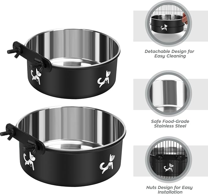Dog Crate Water Bowl No Spill, 2 Pack Hanging Dogs Kennel Water Food Bowls, Stainless Steel Mountable Pet Bowl Metal Feeder Coop Cup Cage Accessories for Puppy Cat Rabbit Guinea Pigs Ferret Bird