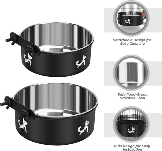 Dog Crate Water Bowl No Spill, 2 Pack Hanging Dogs Kennel Water Food Bowls, Stainless Steel Mountable Pet Bowl Metal Feeder Coop Cup Cage Accessories for Puppy Cat Rabbit Guinea Pigs Ferret Bird
