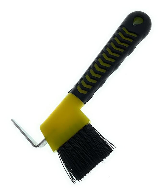 Horse Hoof Pick with Brush - Non-Slip Ergonomic Handle, Heavy-Duty Steel Pick & Stiff Bristles - Removes Dirt, Mud & Rocks - Horse Grooming Tool for Daily Hoof Care (Yellow)