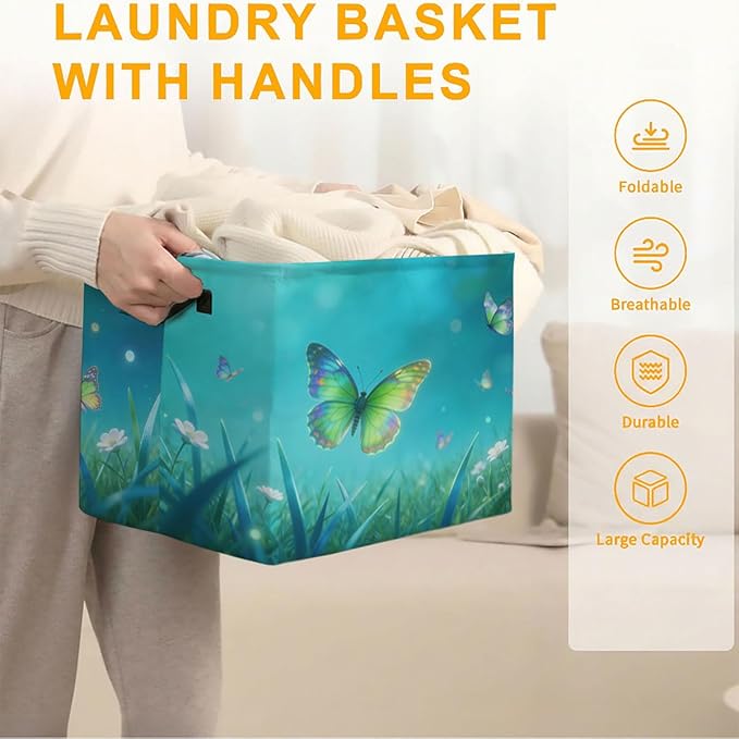 56L Butterflies Laundry Basket Clothes Hamper with Handles,Foldable Blanket Storage Large Laundry Hamper with Waterproof PE,Toy Storage Bin Organizer,Cube Clothes Organizer,Home Decor
