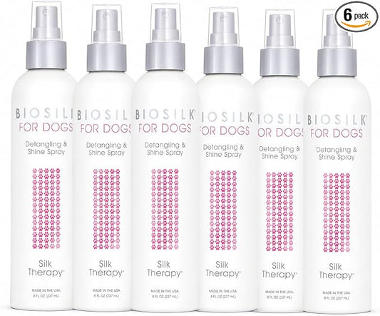 BioSilk for Dogs Silk Therapy Detangling and Shine Protecting Spray, pH Balanced Leave-in Mist with Silk and Vitamins for Dematting, Paraben-Free, All Coats and Breeds, 8 Fl Oz - 6 Pack