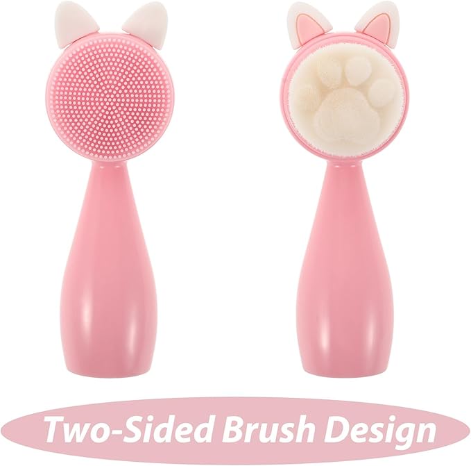 ABOOFAN Manual Silicone Facial Cleansing Brush, Dual-Sided Soft Bristles Face Exfoliator Brush with Abs Handle, Pink Rabbit Ear Design for Gentle Deep Face Cleaning and Skin Care