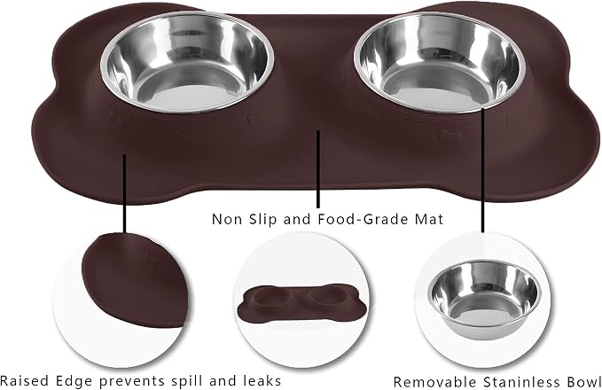 Hubulk Pet Dog Bowls 2 Stainless Steel Dog Bowl with No Spill Non-Skid Silicone Mat + Pet Food Scoop Water and Food Feeder Bowls for Feeding Small Medium Large Dogs Cats Puppies (Large, Chocolate)