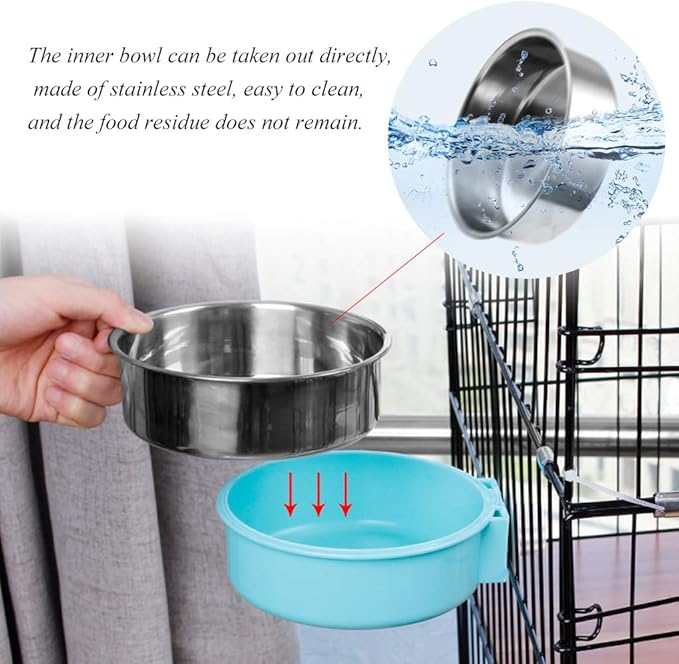 Pet Hanging Bowl 2-in-1 Removable Stainless Steel Food Hanging Bowl for Puppy/Cat, Andiker Pet Bowl Hanging Cage Large Water Food Feeder for Dogs Cats (Large, Blue)