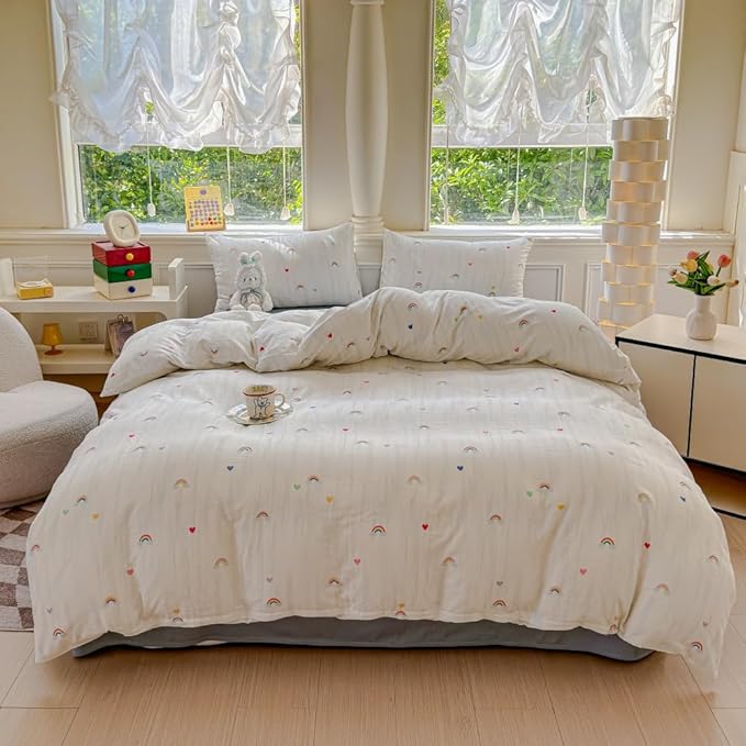 BlueBlue Rainbow Duvet Cover Set Twin 100% Cotton Soft Lightweight Gauze Bedding Rainbow Cloud Hearts Print on White 1 Cute Cartoon Comforter Cover 2 Pillowcases (Twin)