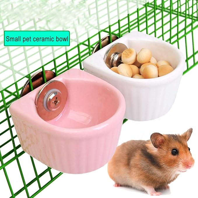 Small Animals Bowl, Detachable Cage Feeder Pet Ceramic Water & Food Feeder, Small Animal Supplies for Rabbit Parrot Squirrels Chinchilla Hamster Ferret (Pink, S)