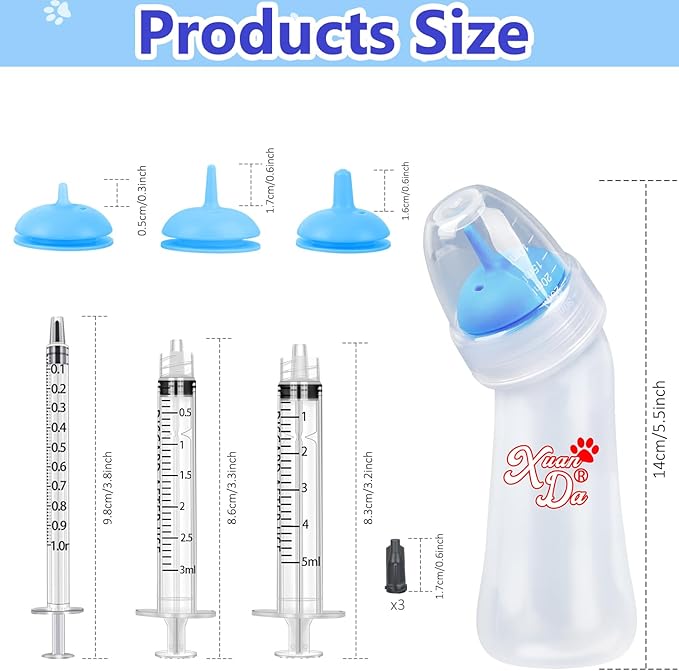 Pet Feeding Bottle and Syringes, 3 Sizes Nipples with Ventilation Valve Resistant Tearing Perfect for Puppies, Kittens, Small Wildlife (Blue)