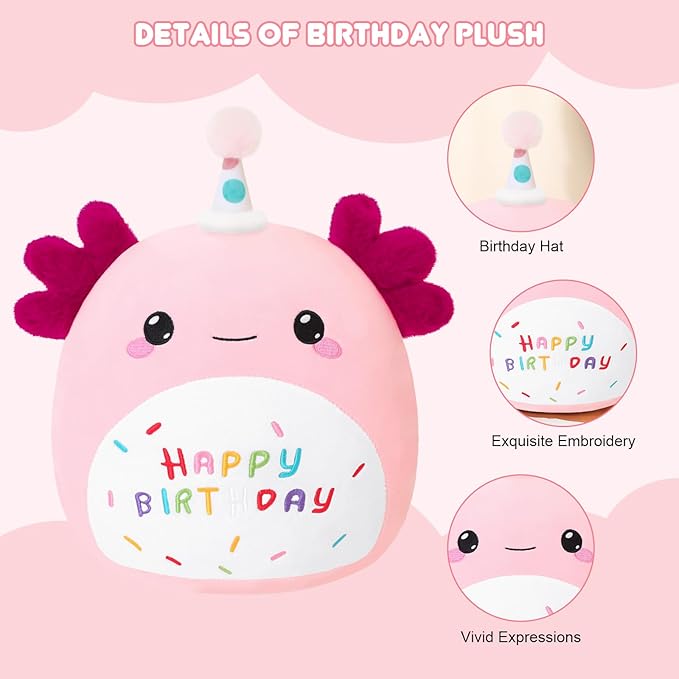SQEQE Happy Birthday Axolotl Plush Axolotl Stuffed Animal Toy Pink Birthday Plushies Home Decor for Girls Boys Kids (8Inch)