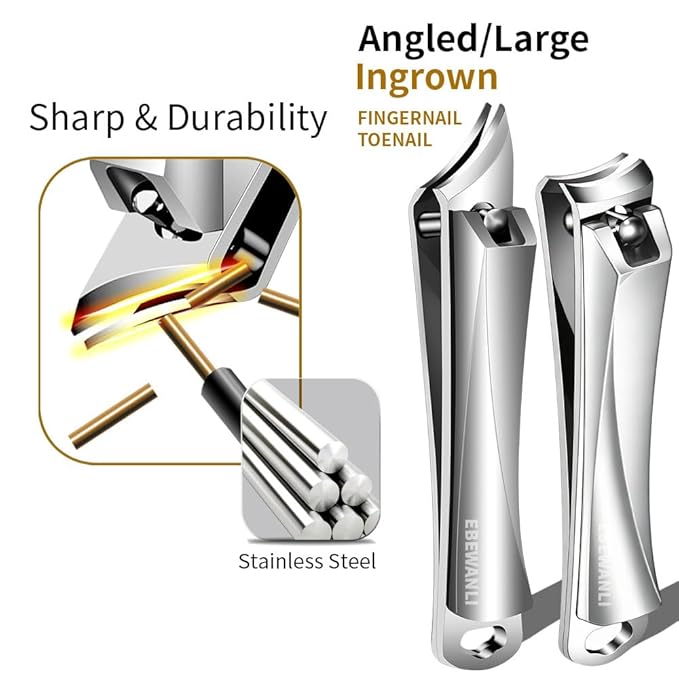 EBEWANLI Nail Clipper Set, Slanted Angled Ingrown Toenail Clipper and Curved Nail Clipper Cutters, 2Pcs Stainless Steel Finger Nail Clippers Adult