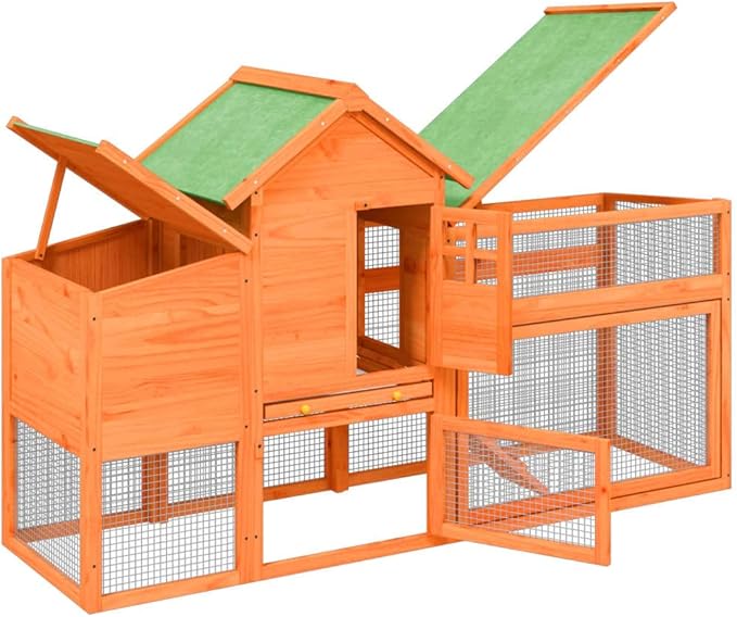 Large Chicken Coop for Backyard, Outdoor Poultry House with Nesting Box and Storage, Solid Pine Wood and Plywood Construction, Rustic Rabbit Hutch, Brown 73.4 x 23.0 x 44.5 Inch