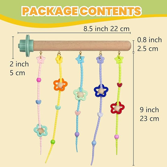 Natural Wood Bird Perch with Chewing Toy - Hanging Rainbow Strips, Beads & Charms for Parakeets Cockatiels Conures Cage Accessories