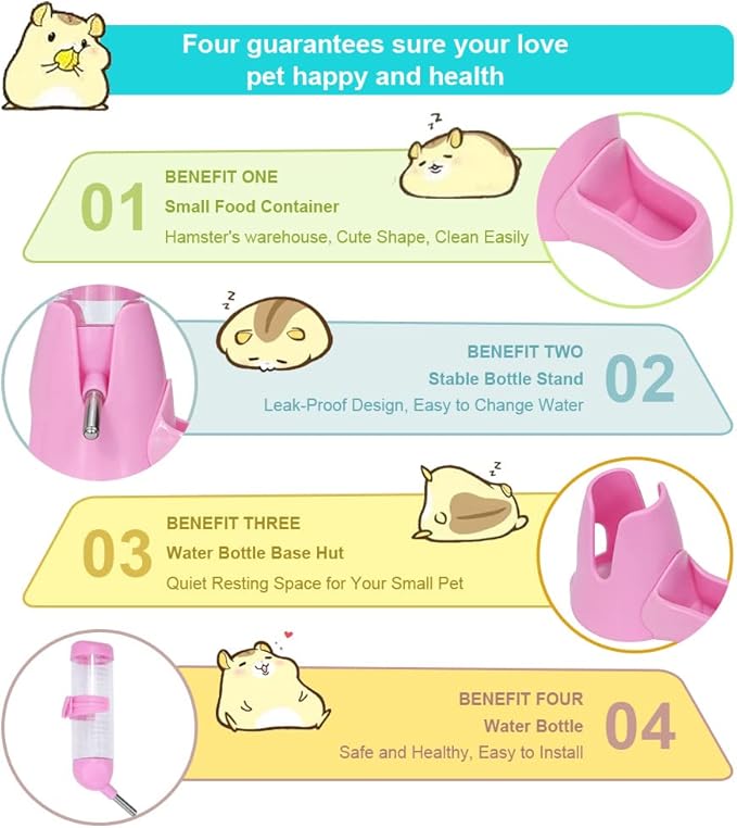 Litewoo 3 in 1 Hamster Water Bottle Small Animal Water Bottle with Food Container Base Hut Hanging Pet Automatic Feeding Drinking Dispenser for Dwarf Hamster Rats Mouse Gerbil Mice