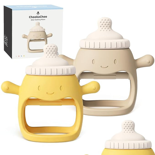 2 Packs Baby Teething Toy Silicone Teething Mitten for Babies Over 3 Months Anti Dropping Wrist Hand Teethers Baby Chew Toys for Sucking Needs, BPA Free (BabyBottle Yellow)