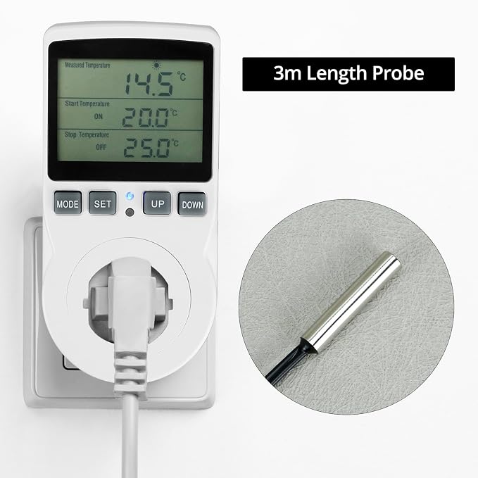 QWORK Digital Thermostat Outlet Plug Temperature Controller Socket - 120V, 15A Max, Heating Cooling Control, No Back Light