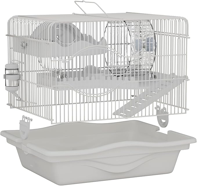 Mini Hamster Cage Starter Kit 15”Lx11”Wx12”H for Dwarf Hamster & Robo Hamster with Multilevel Platforms, Exercise Wheel, Transparent House, Ladder, Water Bottle, Food Bowl, White