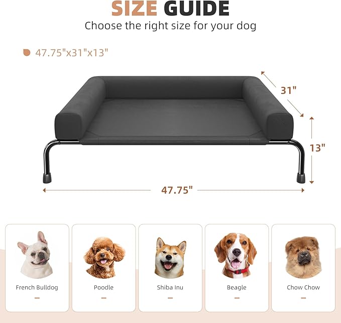 Ekisemio Elevated Dog Bed for Large Dogs, Cooling Raised Pet Cot with Breathable Mesh and Bolsters, Removable & Waterproof Outdoor Indoor Dog Bed, 47.75" x 31", Black
