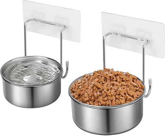 2 Pcs Small Wall Mounted Cat Bowls, Elevated Hanging Puppy Food and Water Bowls Stainless Steel Non-Spill Kitten Feeding Dish with Wall Mounted Hook for Small Pets (S (4x1.7'' & 4.7x2''))