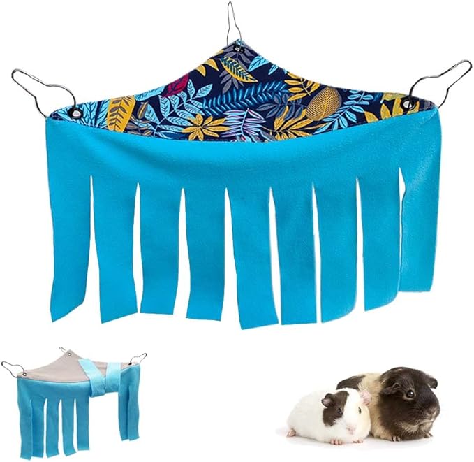 RIOUSSI Guinea Pig Hideout Hideaway Corner Fleece Toys Cage Accessories with Reversible Sides. Blue Leaves, Triangle
