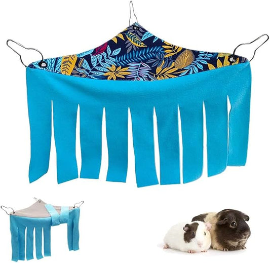 RIOUSSI Guinea Pig Hideout Hideaway Corner Fleece Toys Cage Accessories with Reversible Sides. Blue Leaves, Triangle