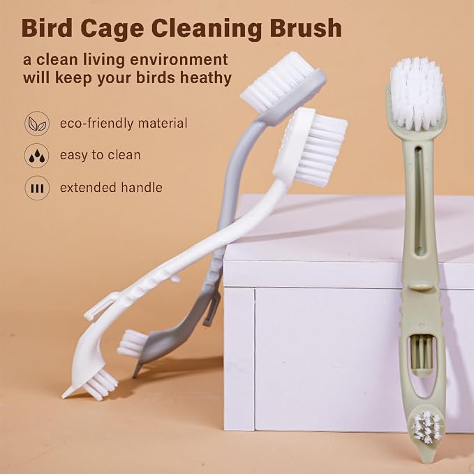 Bird Cage Cleaner with Double Brush Heads Long Handle Cleaning Tool for Small Animal Ferret Bunny Guinea Pigs Cages Food Bowl Pads Groomming (4PC)