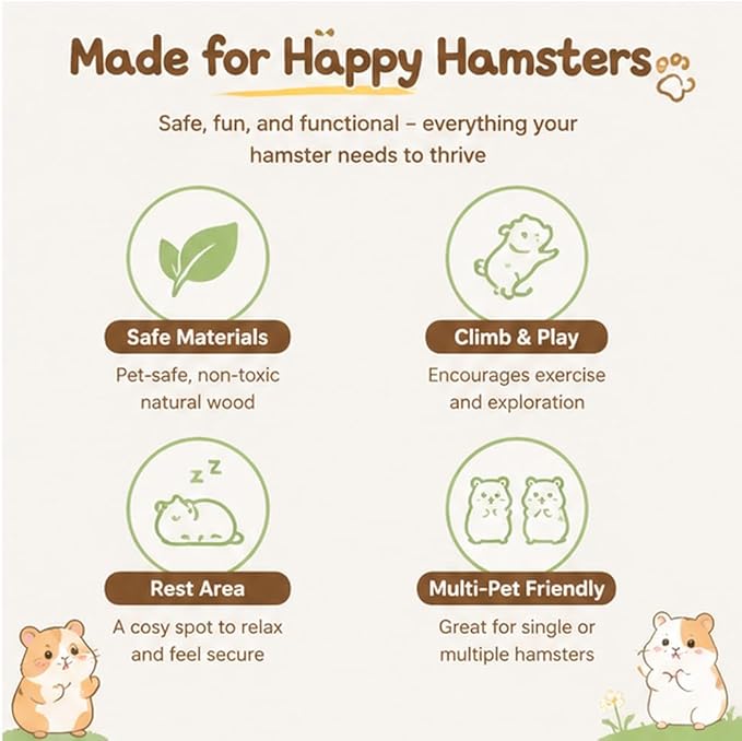 Hamster Play Platform Wooden Cage Accessory for Small Hamsters, Natural Multi-Level Climbing Playground & Rest Area, Enrichment Habitat Decor for Dwarf Syrian Hamsters