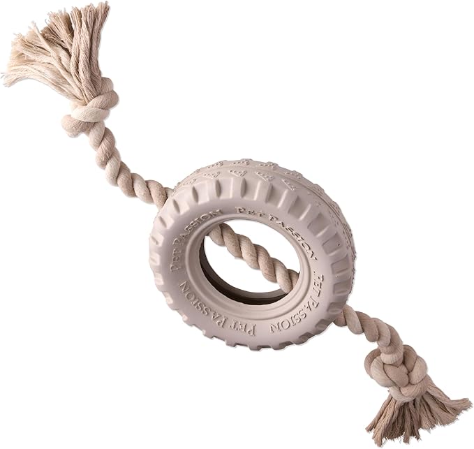 Pet Passion Natural Rubber Tire and Organic Cotton Rope Pull and Chew Dog Toy for All Pet Breeds, Almond Milk, Large