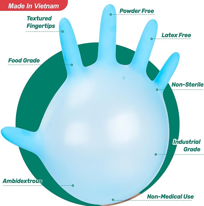 Kebada Nitrile Gloves D1, Nitrile Disposable Gloves for Cleaning, Food Prep, Industrial Grade, Non-Sterile, Food Safe, Powder & Latex Free, Touchscreen, Blue, 100 Count, Large (Made in Vietnam)