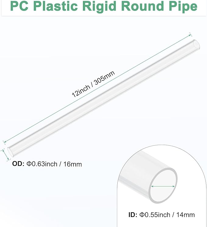 M METERXITY Clear Plastic Tube, 14mm[0.55"] ID x 16mm[0.63"] OD High Impact Rigid Polycarbonate Round Pipes for Water Plumbing/Lighting/Aquariums/Models, Plastic Tubing [305mm/12IN]