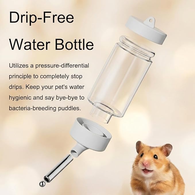 No Drip Hamster Water Bottle, 2 in 1 Automatic Hamster Water Dispenser & Food Bowl, Freestanding Small Animal Water Bottle Cage Accessories for Dwarf Hamster, Gerbil, Rat, Mice (Gray)