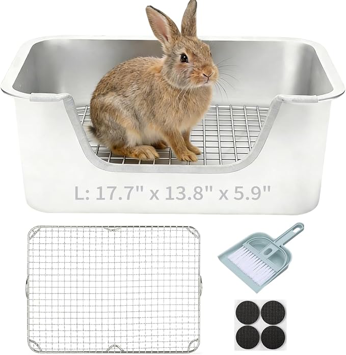 PODOO Bunny Litter Box, Stainless Steel Sifting Pan with Non-Slip Pads | Stainless steel sifting pan lets waste fall below; raised sides and non-slip pads help keep the litter area stable and tidy