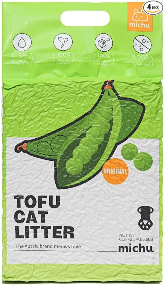 Michu Tofu Cat Litter Natural Clumping Tofu Cat Litter, Fast Clumping and Easily Scoop-able 5.5lb/88oz 5 Scents - Original, 4 Pack