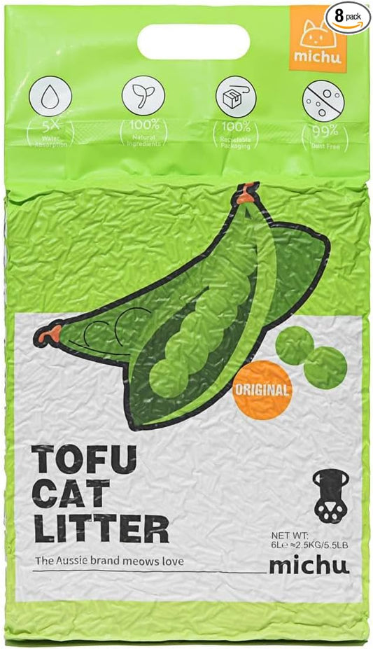 Michu Tofu Cat Litter Natural Clumping Tofu Cat Litter, Fast Clumping and Easily Scoop-able 5.5lb/88oz 5 Scents - Original, 8 Pack