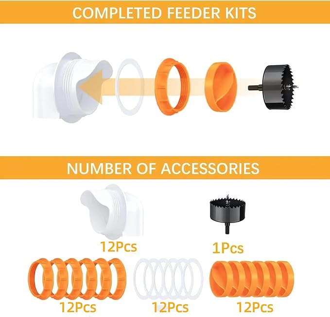 Chicken Feeder Port, 12 Pack Chicken Feeders No Waste with 12 Lids 1 Drill Bit, DIY Automatic Poultry Feeder Cups Kit, Chicken Bucket Feeder for Barrels ((Orange)