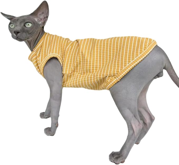 Ginger Stripe Sphynx Cat Vest Clothes for Hairless Cat T-Shirt Apparel | Sleeveless, Rib Knit, Thin for Summer, Cotton Blend