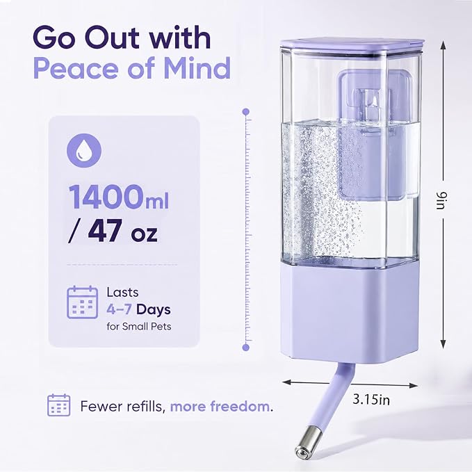 No-Drip Small Animal Water Bottle, 47OZ Large Capacity Leakproof Hanging Pet Water Dispenser for Cage Crate, Water Feeder for Guinea Pig, Hamster, Rabbit, Ferret, Chinchilla (Purple)