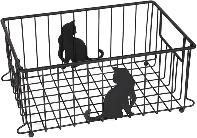 Lily's Home Cat-Themed Wire Basket, Kitchen and Desk Organizer, Cute Caddy for Cat Lovers for Kitchen, Pantry, Cabinet, Bathroom and Office (Large)
