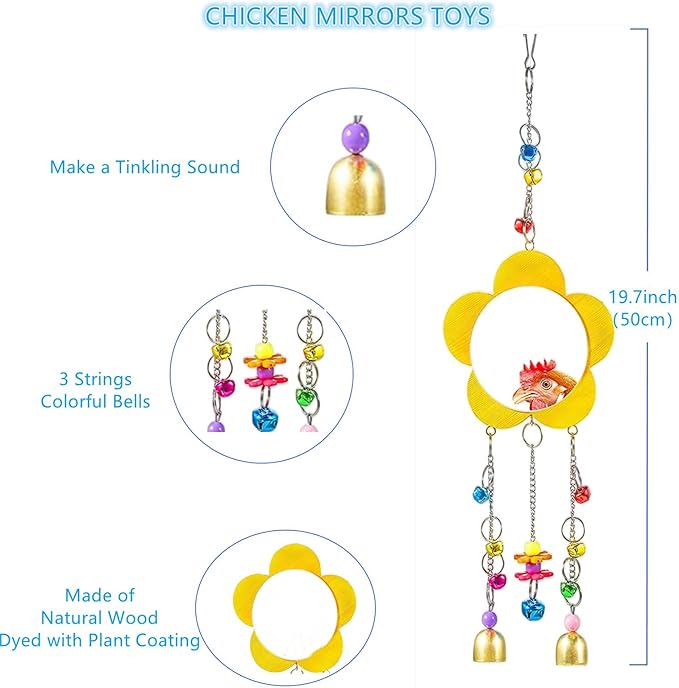 Longer Chain Chicken Toys for Coop Accessories 7PCS, Chicken Swing Ladder Perch roosts, Chicken Xylophone Mirror with Bells Vegetable Fruits Hanging Chicken Feeder for hens Bird Parrot