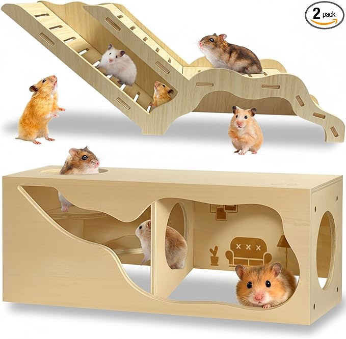 Hamster Hideout & Tunnel Set, 2Pcs Wooden House with Climbing Ladder, Exploration Tubes & Observation Shed for Syrian Hamsters, Dwarf Hamsters, Mice, Gerbils, Rats, and Other Small Animals