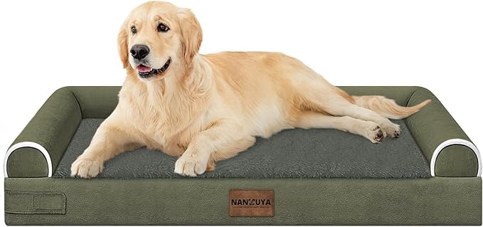 NANUYA Orthopedic Dog Bed for Large Dogs, 36 x 27 Inch, Dark Green | Egg crate foam for joint support, 3-sided bolster pet sofa, waterproof lining, washable cover, and non-skid base