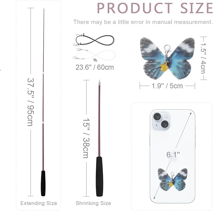 SONGWAY Cat Butterfly Toys - 13 Pieces Cat Toy Set with Retractable Wand and Butterfly Toy Replacement with Bell, Interactive Toys for Indoor Cats Kittens