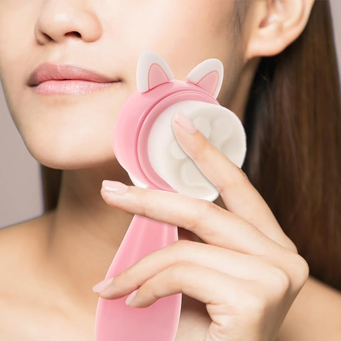 ABOOFAN Manual Silicone Facial Cleansing Brush, Dual-Sided Soft Bristles Face Exfoliator Brush with Abs Handle, Pink Rabbit Ear Design for Gentle Deep Face Cleaning and Skin Care